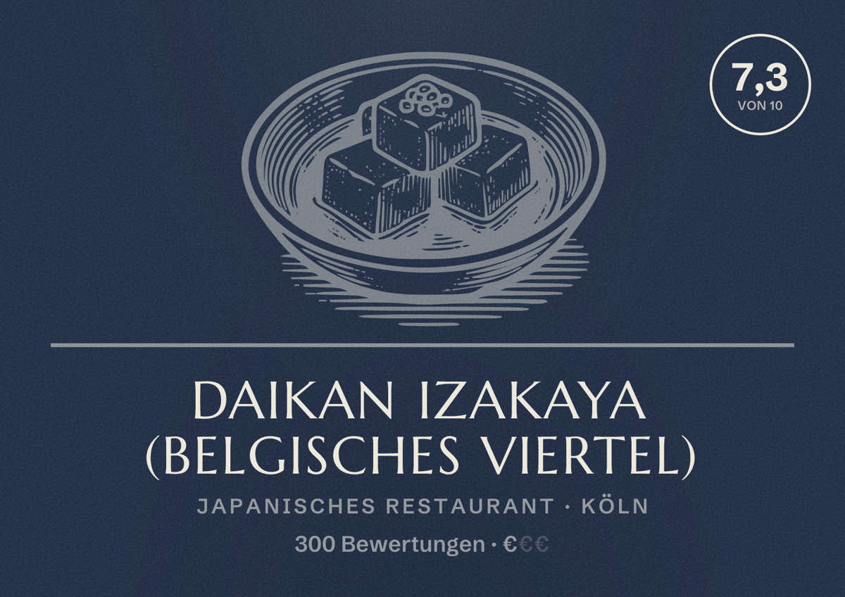 Illustriertes Poster von DAIKAN IZAKAYA (Belgisches Viertel), Japanisches Restaurant in Köln: Bewertung 7,3 von 10 aus 300 Bewertungen, Preisniveau €