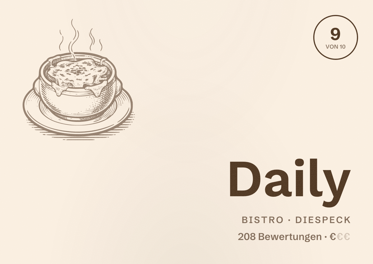 Illustriertes Poster von Daily, Bistro in Diespeck: Bewertung 9 von 10 aus 208 Bewertungen, Preisniveau €