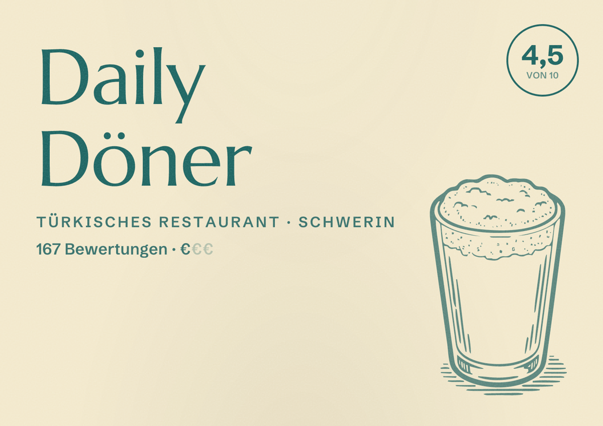 Illustriertes Poster von Daily Döner, Türkisches Restaurant in Schwerin: Bewertung 4,5 von 10 aus 167 Bewertungen, Preisniveau €