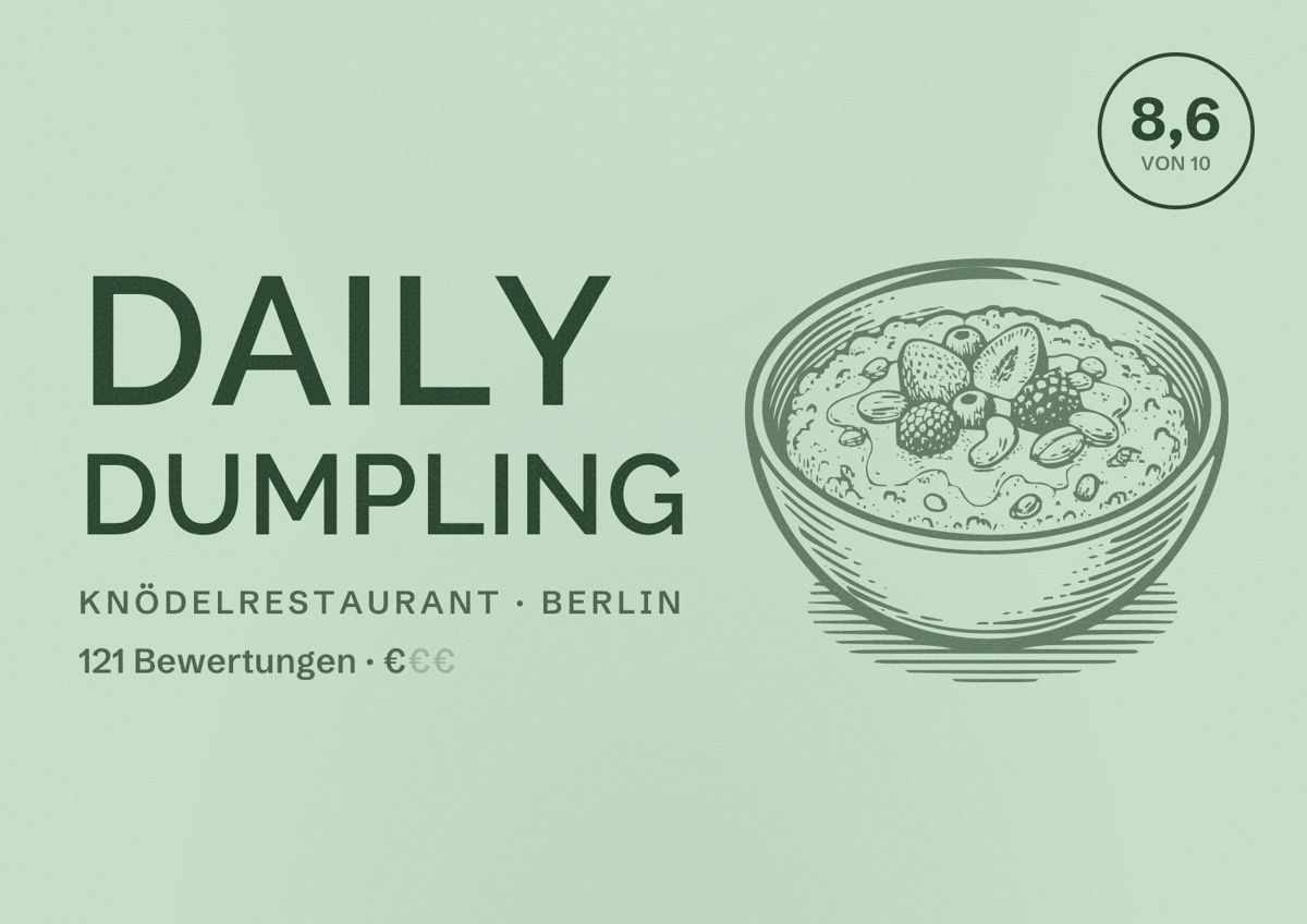 Illustriertes Poster von DAILY DUMPLING, Knödelrestaurant in Berlin: Bewertung 8,6 von 10 aus 121 Bewertungen, Preisniveau €