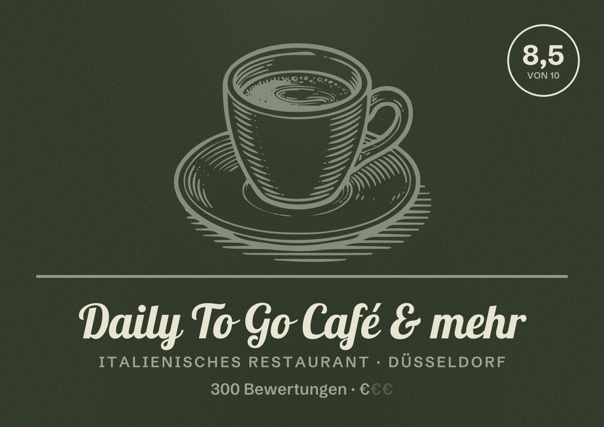 Illustriertes Poster von Daily To Go Café & mehr, Italienisches Restaurant in Düsseldorf: Bewertung 8,5 von 10 aus 300 Bewertungen, Preisniveau €