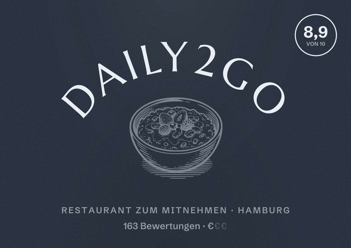Illustriertes Poster von daily2go, Restaurant zum Mitnehmen in Hamburg: Bewertung 8,9 von 10 aus 163 Bewertungen, Preisniveau €