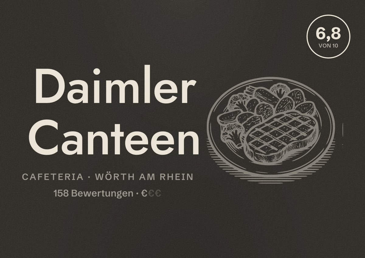 Illustriertes Poster von Daimler Canteen, Cafeteria in Wörth am Rhein: Bewertung 6,8 von 10 aus 158 Bewertungen, Preisniveau €