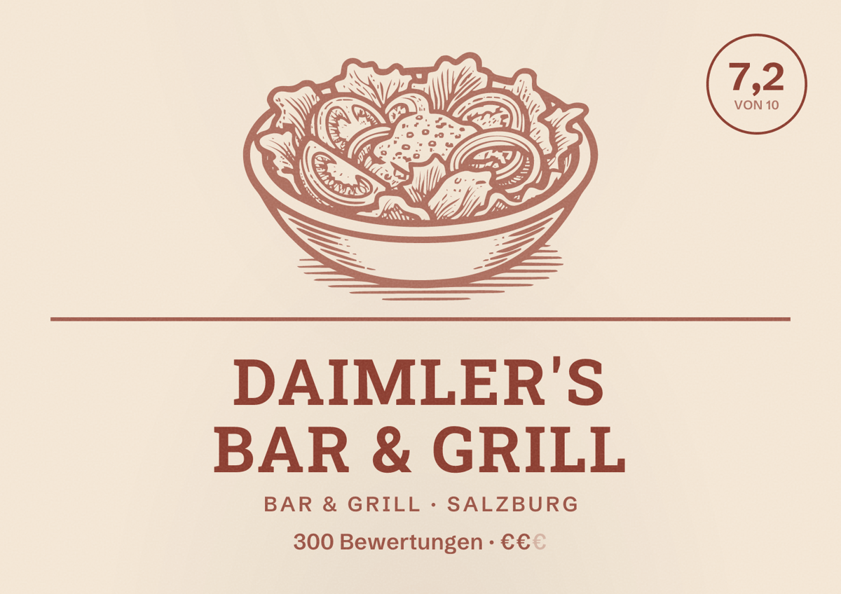 Illustriertes Poster von Daimler's Bar & Grill, Bar & Grill in Salzburg: Bewertung 7,2 von 10 aus 300 Bewertungen, Preisniveau €€
