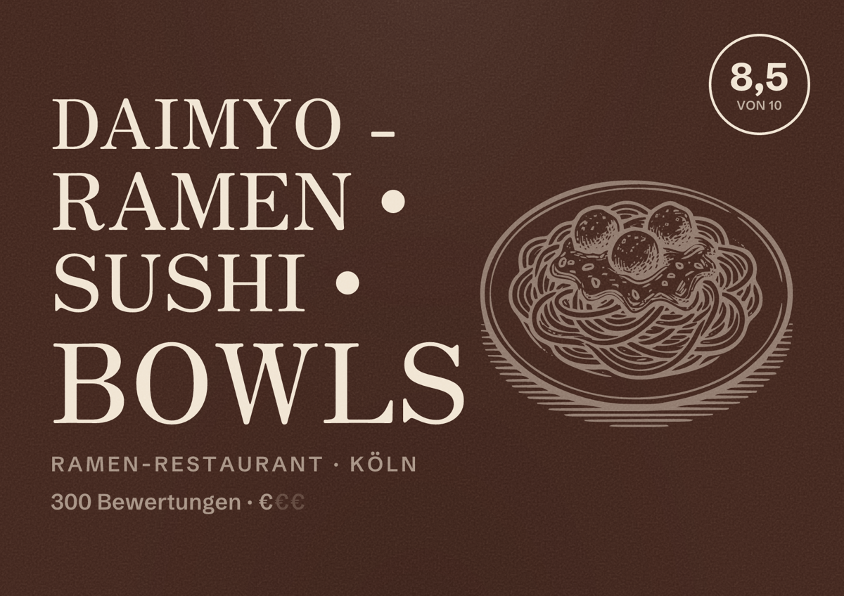 Illustriertes Poster von Daimyo - Ramen • Sushi • Bowls, Ramen-Restaurant in Köln: Bewertung 8,5 von 10 aus 300 Bewertungen, Preisniveau €