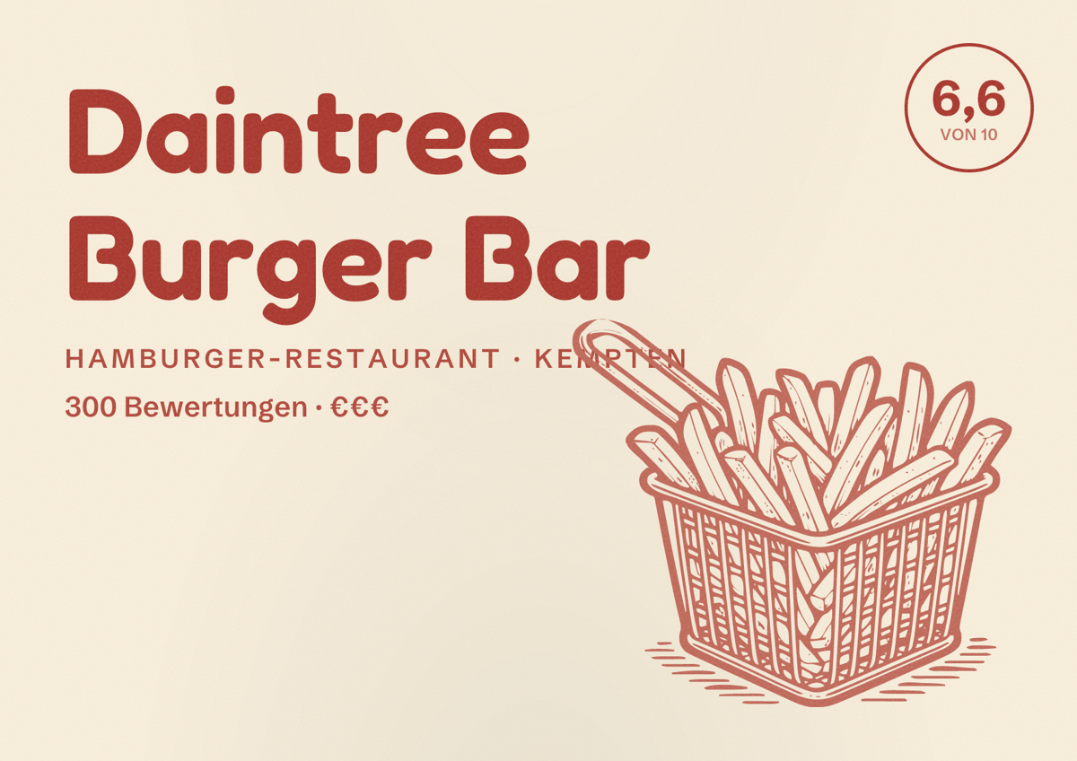 Illustriertes Poster von Daintree Burger Bar, Hamburger-Restaurant in Kempten: Bewertung 6,6 von 10 aus 300 Bewertungen, Preisniveau €€€