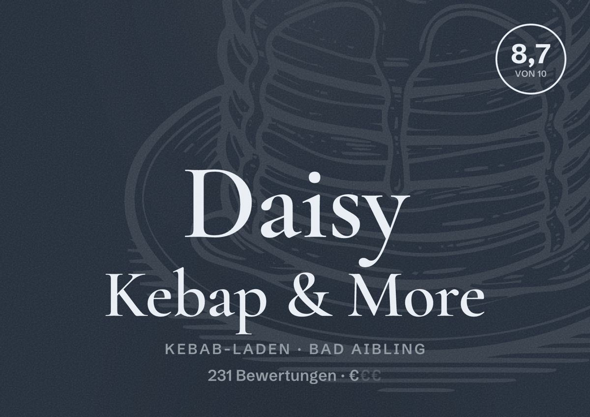 Illustriertes Poster von Daisy Kebap & More, Kebab-Laden in Bad Aibling: Bewertung 8,7 von 10 aus 231 Bewertungen, Preisniveau €