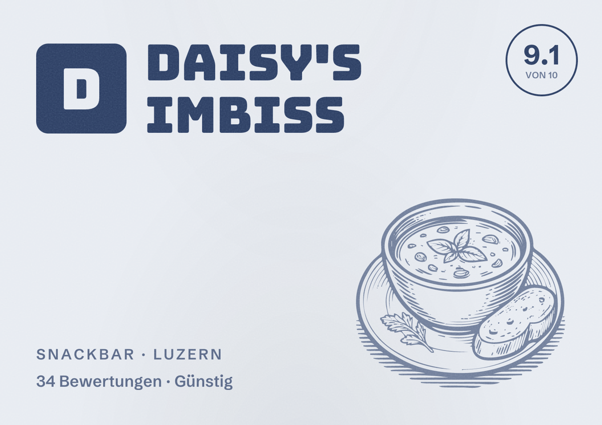 Illustriertes Poster von Daisy's Imbiss, Snackbar in Luzern: Bewertung 9.1 von 10 aus 34 Bewertungen, Preisniveau Günstig