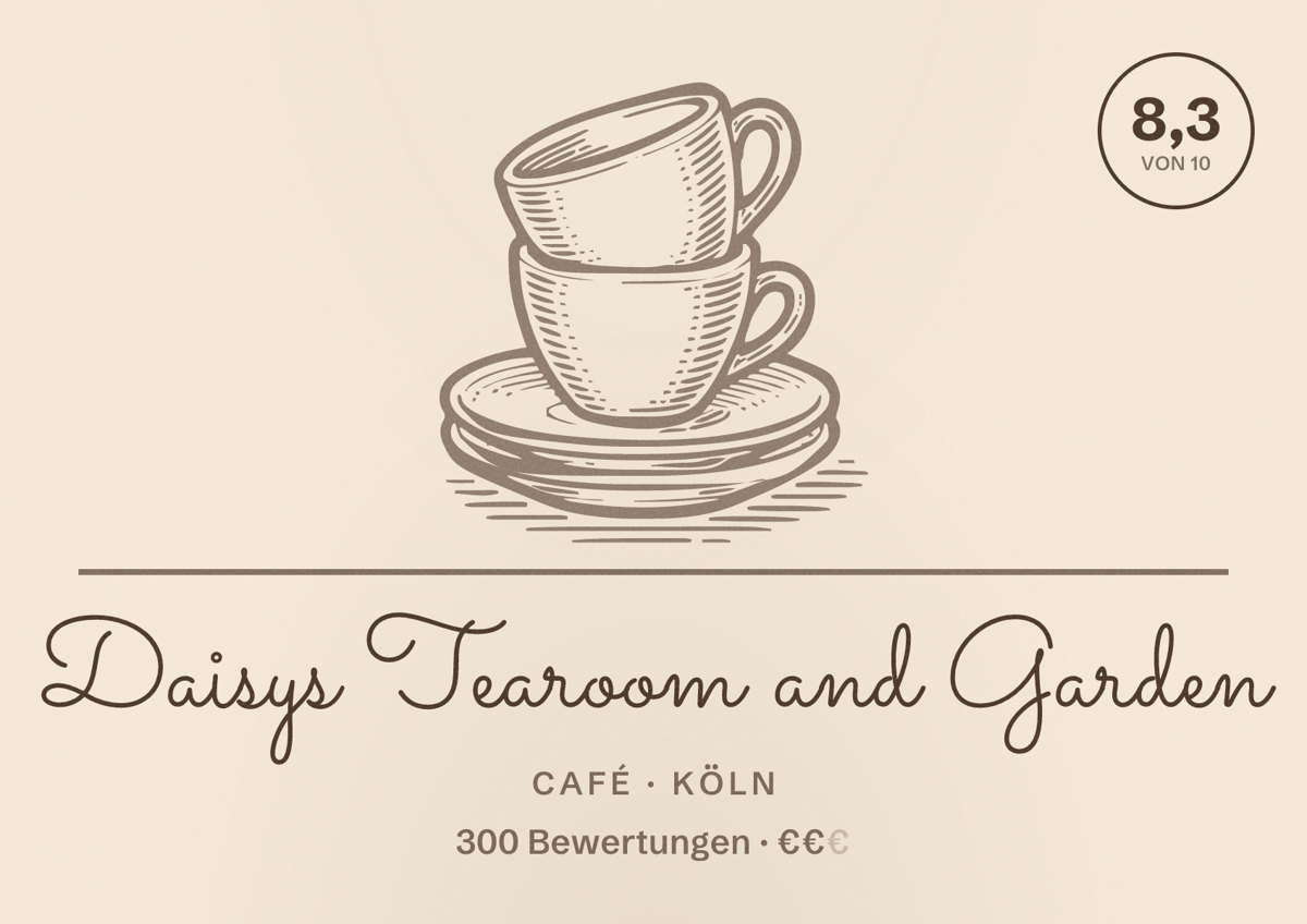 Illustriertes Poster von Daisys Tearoom and Garden, Café in Köln: Bewertung 8,3 von 10 aus 300 Bewertungen, Preisniveau €€