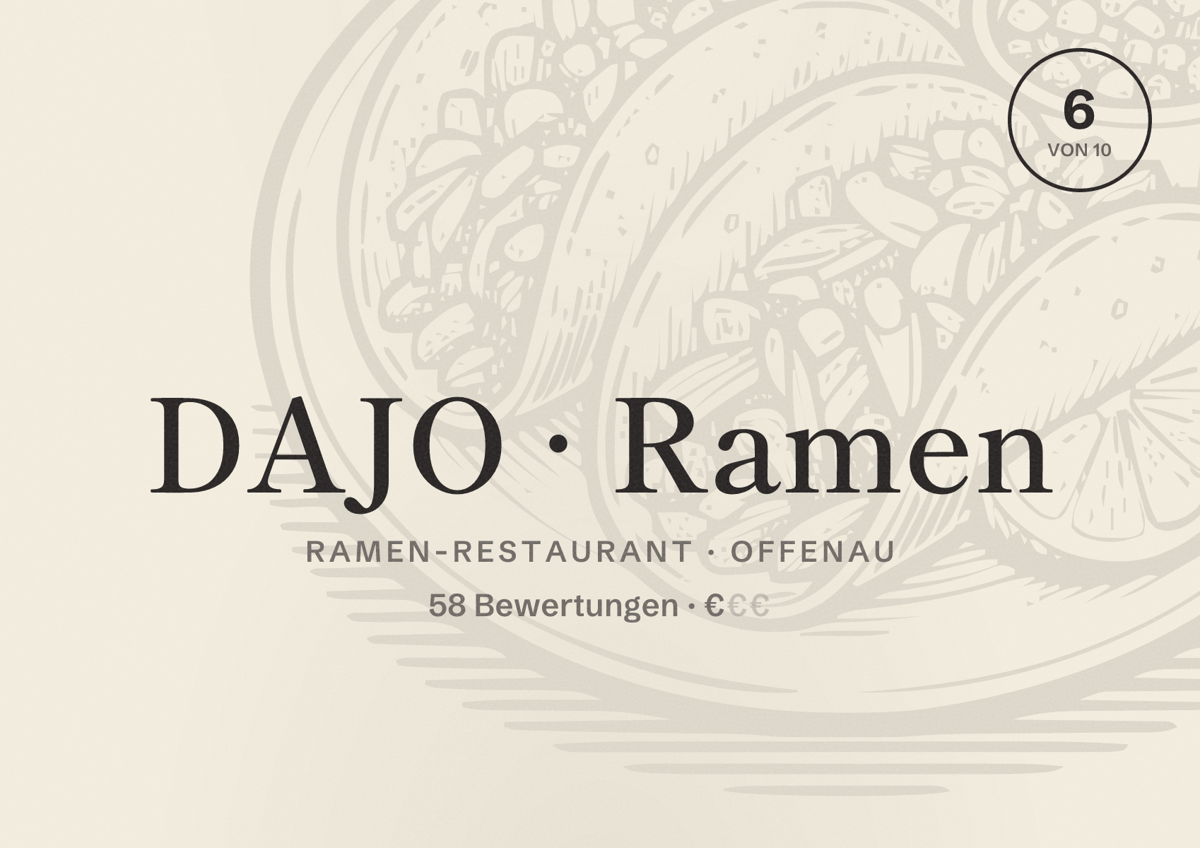 Illustriertes Poster von DAJO Ramen, Ramen-Restaurant in Offenau: Bewertung 6 von 10 aus 58 Bewertungen, Preisniveau €