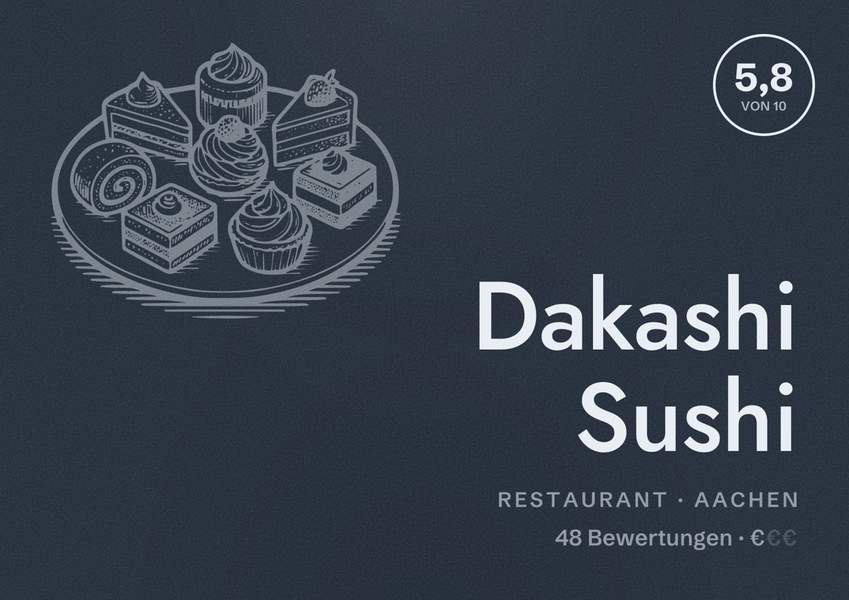 Illustriertes Poster von Dakashi Sushi, Restaurant in Aachen: Bewertung 5,8 von 10 aus 48 Bewertungen, Preisniveau €