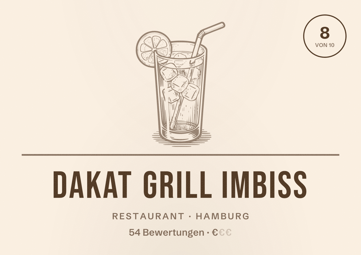 Illustriertes Poster von Dakat Grill Imbiss, Restaurant in Hamburg: Bewertung 8 von 10 aus 54 Bewertungen, Preisniveau €