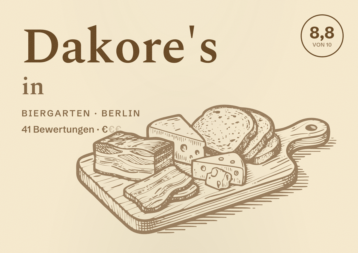 Illustriertes Poster von Dakore's in, Biergarten in Berlin: Bewertung 8,8 von 10 aus 41 Bewertungen, Preisniveau €