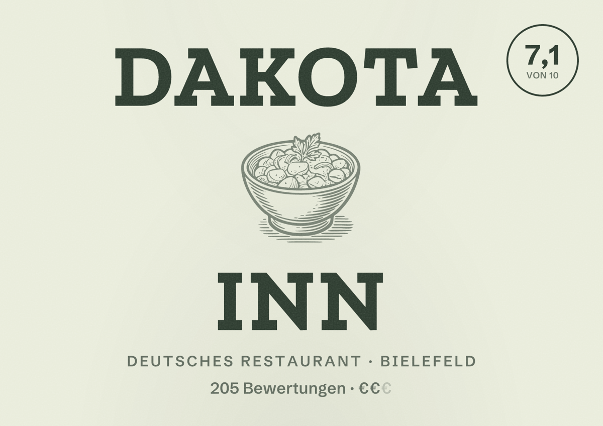 Illustriertes Poster von Dakota Inn, Deutsches Restaurant in Bielefeld: Bewertung 7,1 von 10 aus 205 Bewertungen, Preisniveau €€