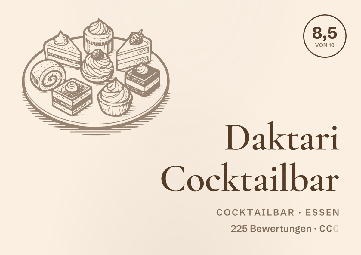 Illustriertes Poster von Daktari Cocktailbar, Cocktailbar in Essen: Bewertung 8,5 von 10 aus 225 Bewertungen, Preisniveau €€