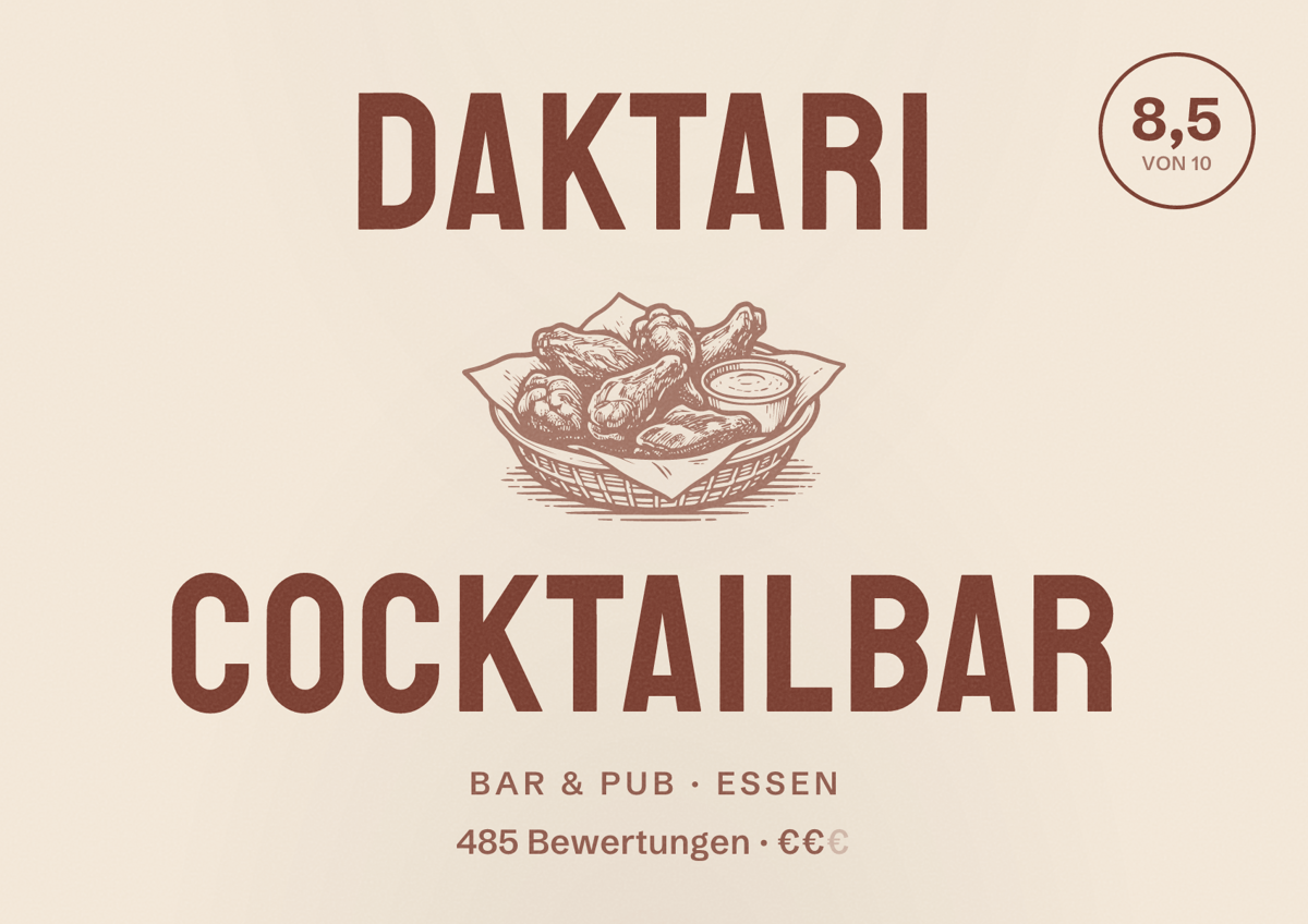Illustriertes Poster von Daktari Cocktailbar, Bar & Pub in Essen: Bewertung 8,5 von 10 aus 485 Bewertungen, Preisniveau €€