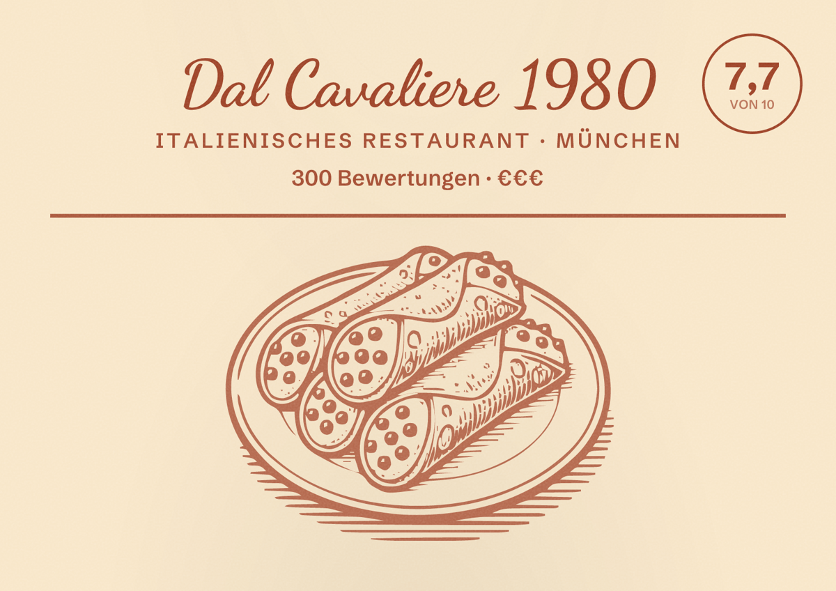 Illustriertes Poster von Dal Cavaliere 1980, Italienisches Restaurant in München: Bewertung 7,7 von 10 aus 300 Bewertungen, Preisniveau €€€