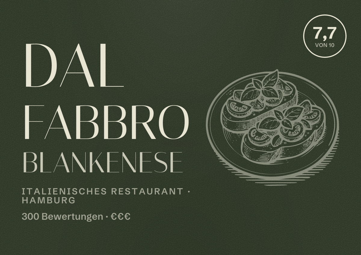Illustriertes Poster von Dal Fabbro Blankenese, Italienisches Restaurant in Hamburg: Bewertung 7,7 von 10 aus 300 Bewertungen, Preisniveau €€€