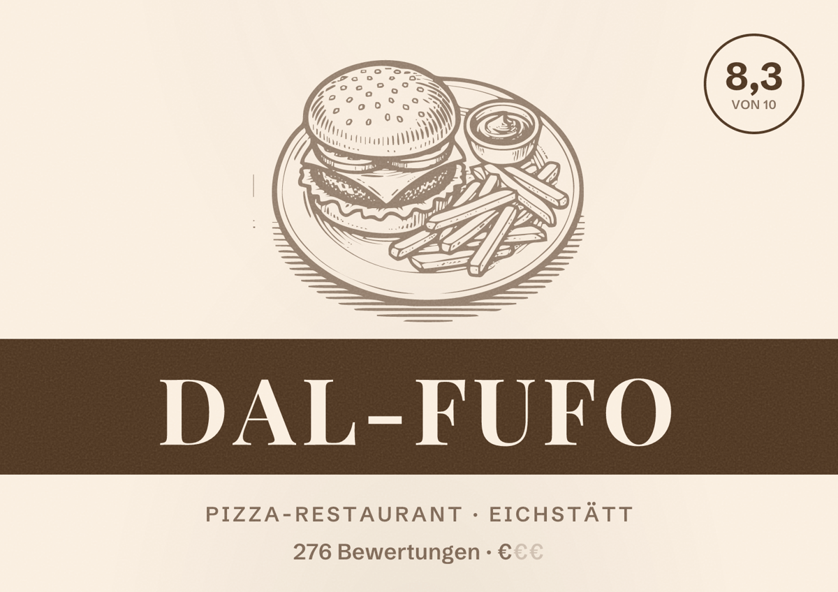 Illustriertes Poster von Dal-fufo, Pizza-Restaurant in Eichstätt: Bewertung 8,3 von 10 aus 276 Bewertungen, Preisniveau €