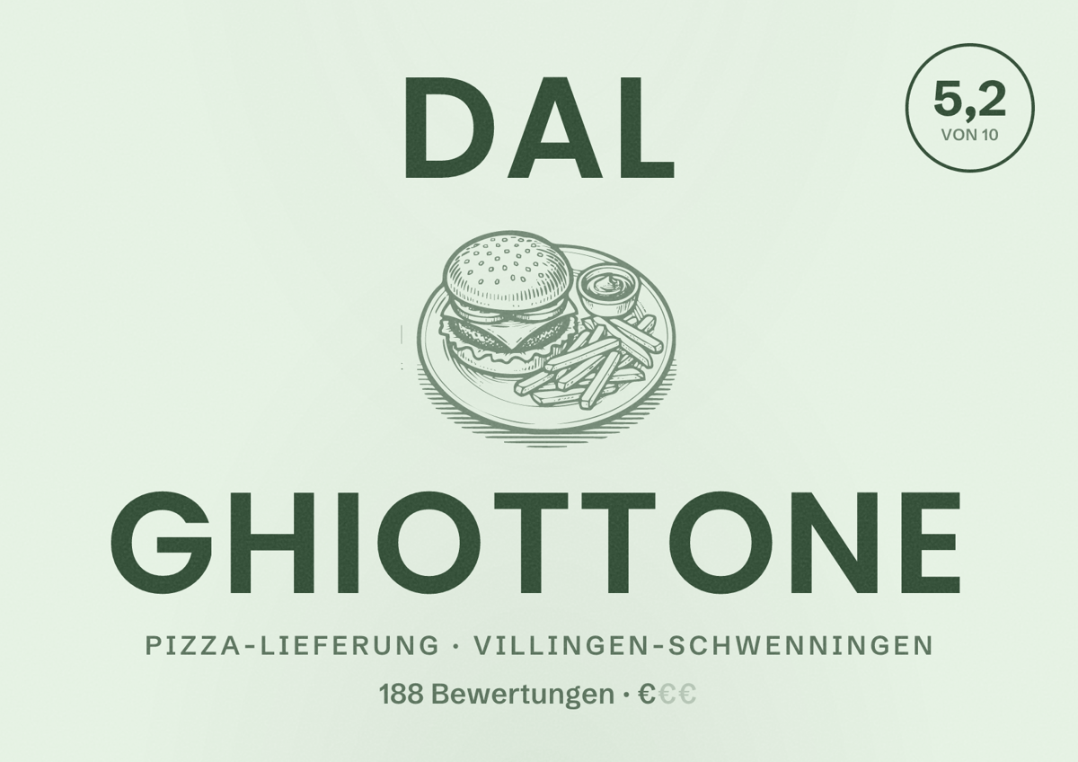 Illustriertes Poster von Dal Ghiottone, Pizza-Lieferung in Villingen-Schwenningen: Bewertung 5,2 von 10 aus 188 Bewertungen, Preisniveau €