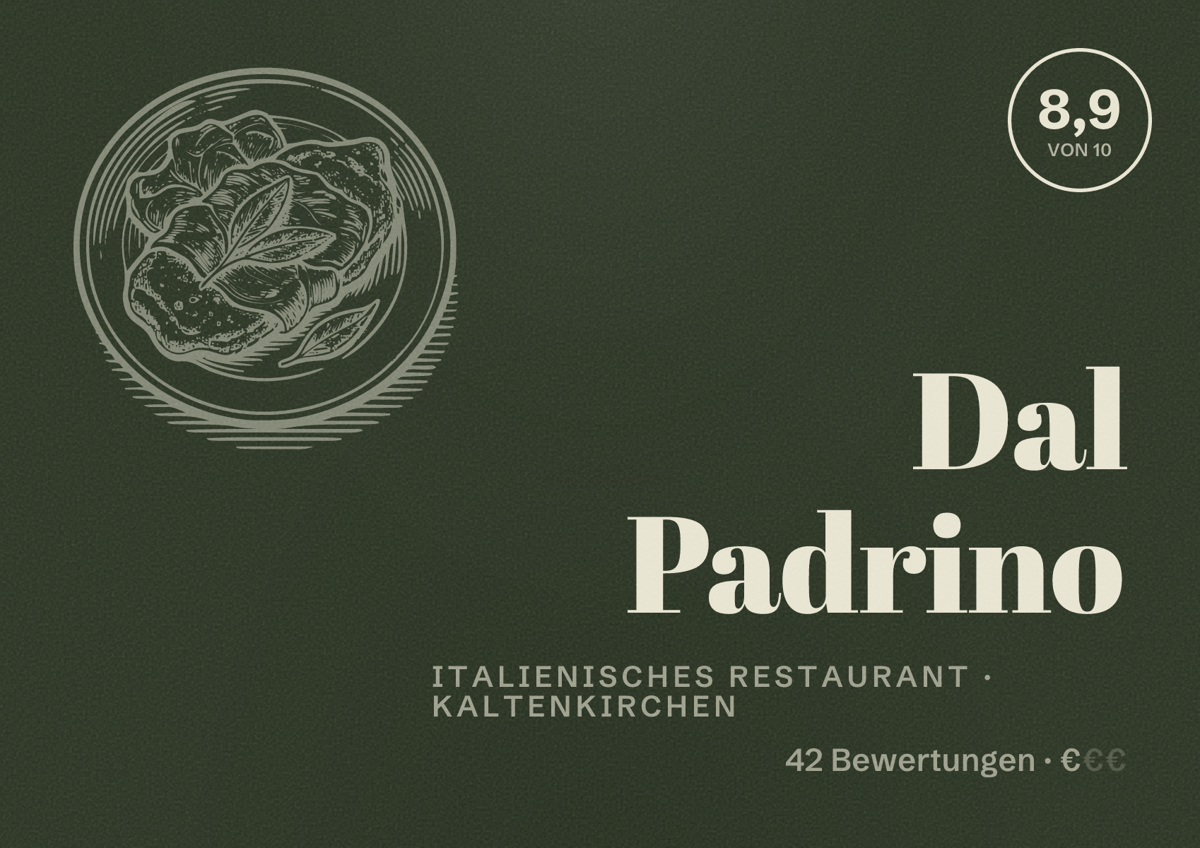 Illustriertes Poster von Dal Padrino, Italienisches Restaurant in Kaltenkirchen: Bewertung 8,9 von 10 aus 42 Bewertungen, Preisniveau €