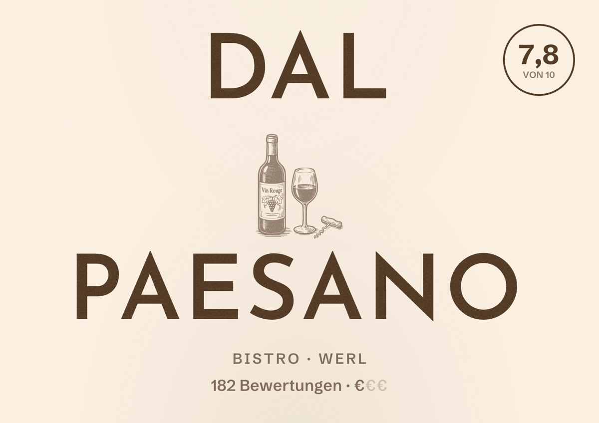 Illustriertes Poster von Dal Paesano, Bistro in Werl: Bewertung 7,8 von 10 aus 182 Bewertungen, Preisniveau €