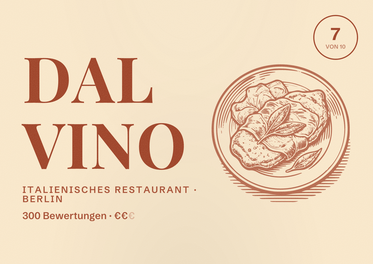 Illustriertes Poster von Dal Vino, Italienisches Restaurant in Berlin: Bewertung 7,0 von 10 aus 300 Bewertungen, Preisniveau €€