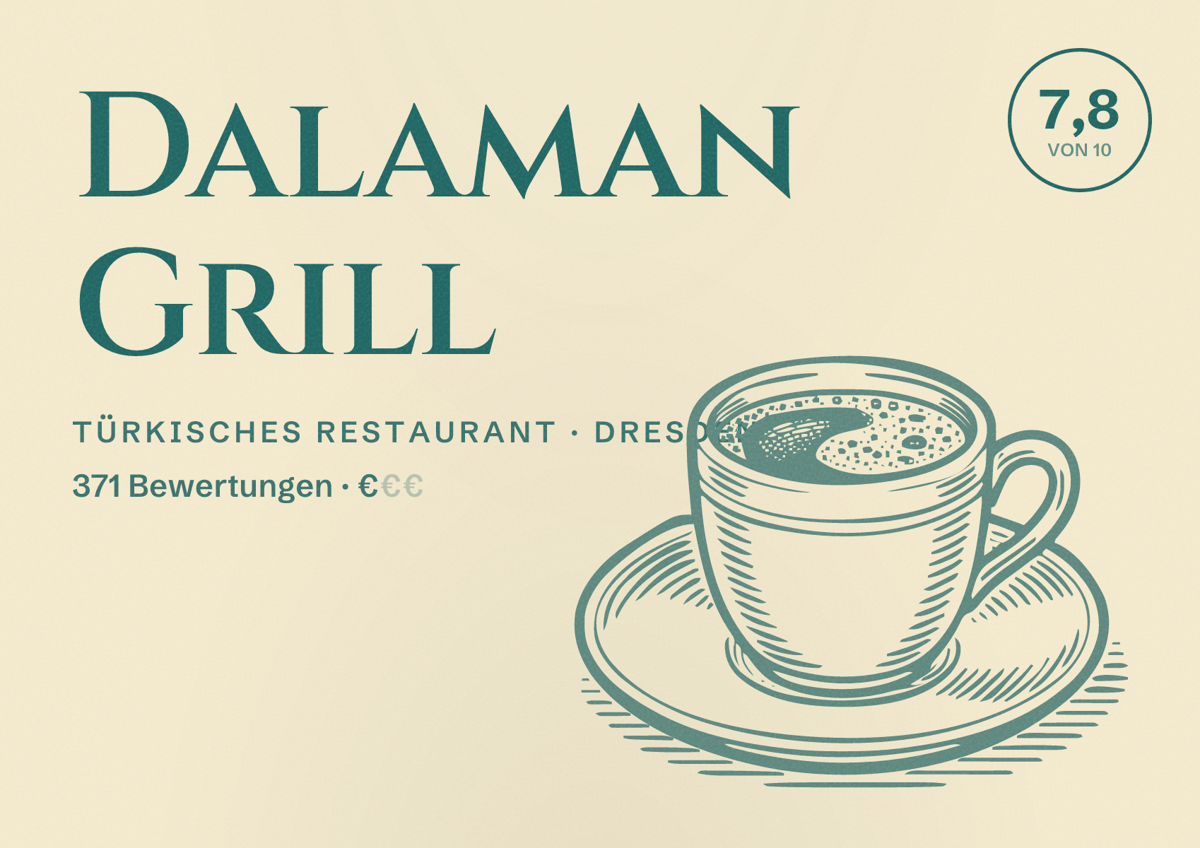 Illustriertes Poster von Dalaman Grill, Türkisches Restaurant in Dresden: Bewertung 7,8 von 10 aus 371 Bewertungen, Preisniveau €
