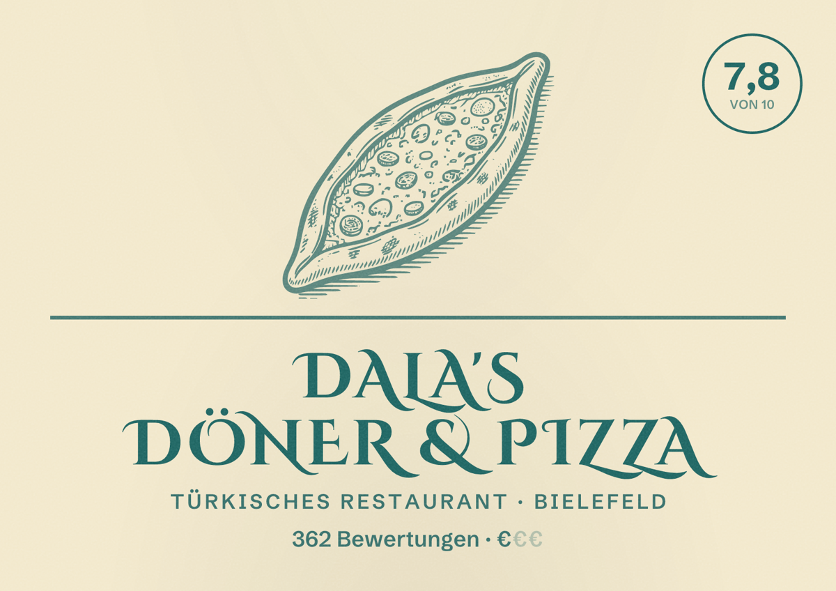 Illustriertes Poster von Dala's Döner & Pizza, Türkisches Restaurant in Bielefeld: Bewertung 7,8 von 10 aus 362 Bewertungen, Preisniveau €