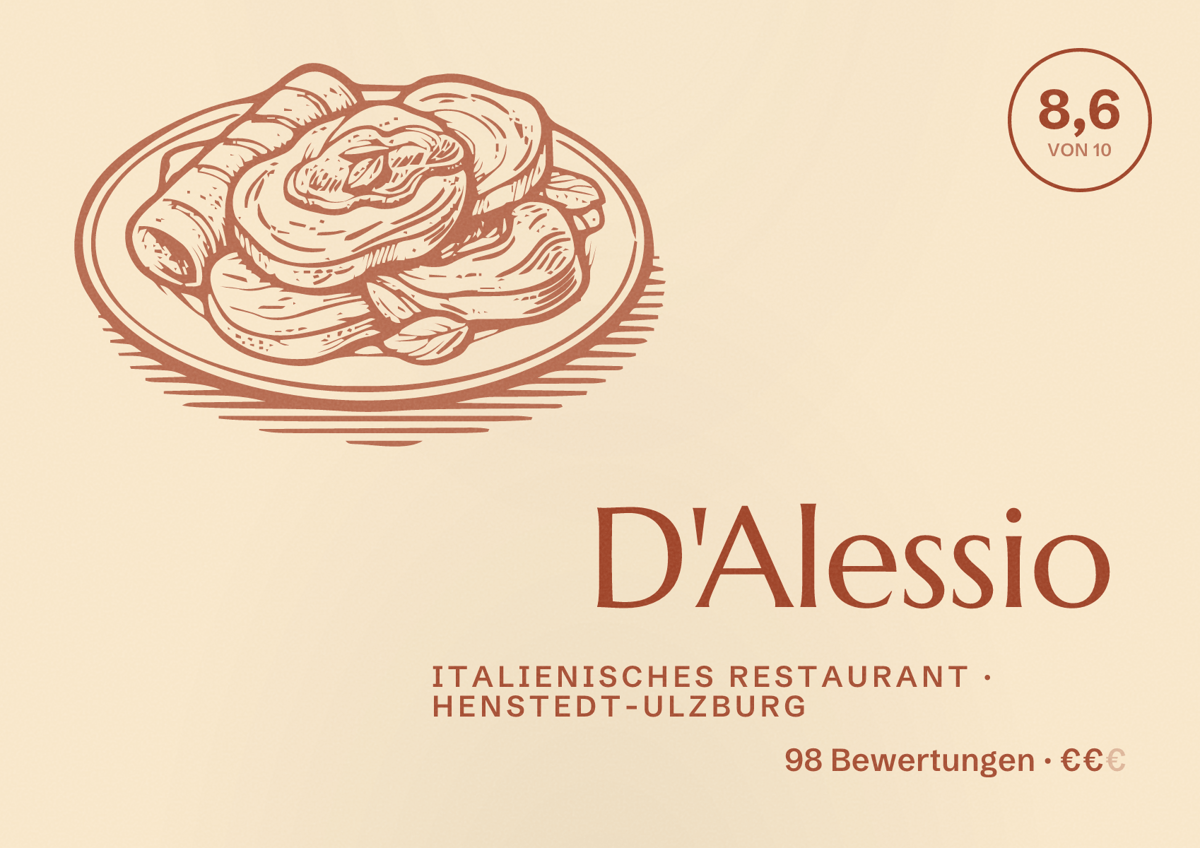 Illustriertes Poster von D'Alessio, Italienisches Restaurant in Henstedt-Ulzburg: Bewertung 8,6 von 10 aus 98 Bewertungen, Preisniveau €€