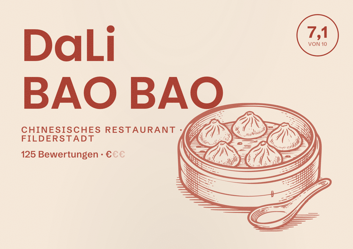 Illustriertes Poster von DaLi BAO BAO, Chinesisches Restaurant in Filderstadt: Bewertung 7,1 von 10 aus 125 Bewertungen, Preisniveau €