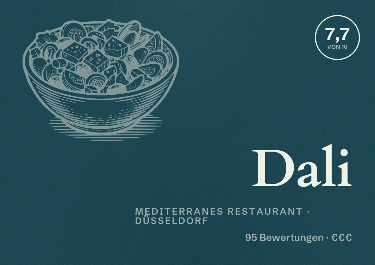 Illustriertes Poster von Dali, Mediterranes Restaurant in Düsseldorf: Bewertung 7,7 von 10 aus 95 Bewertungen, Preisniveau €€€