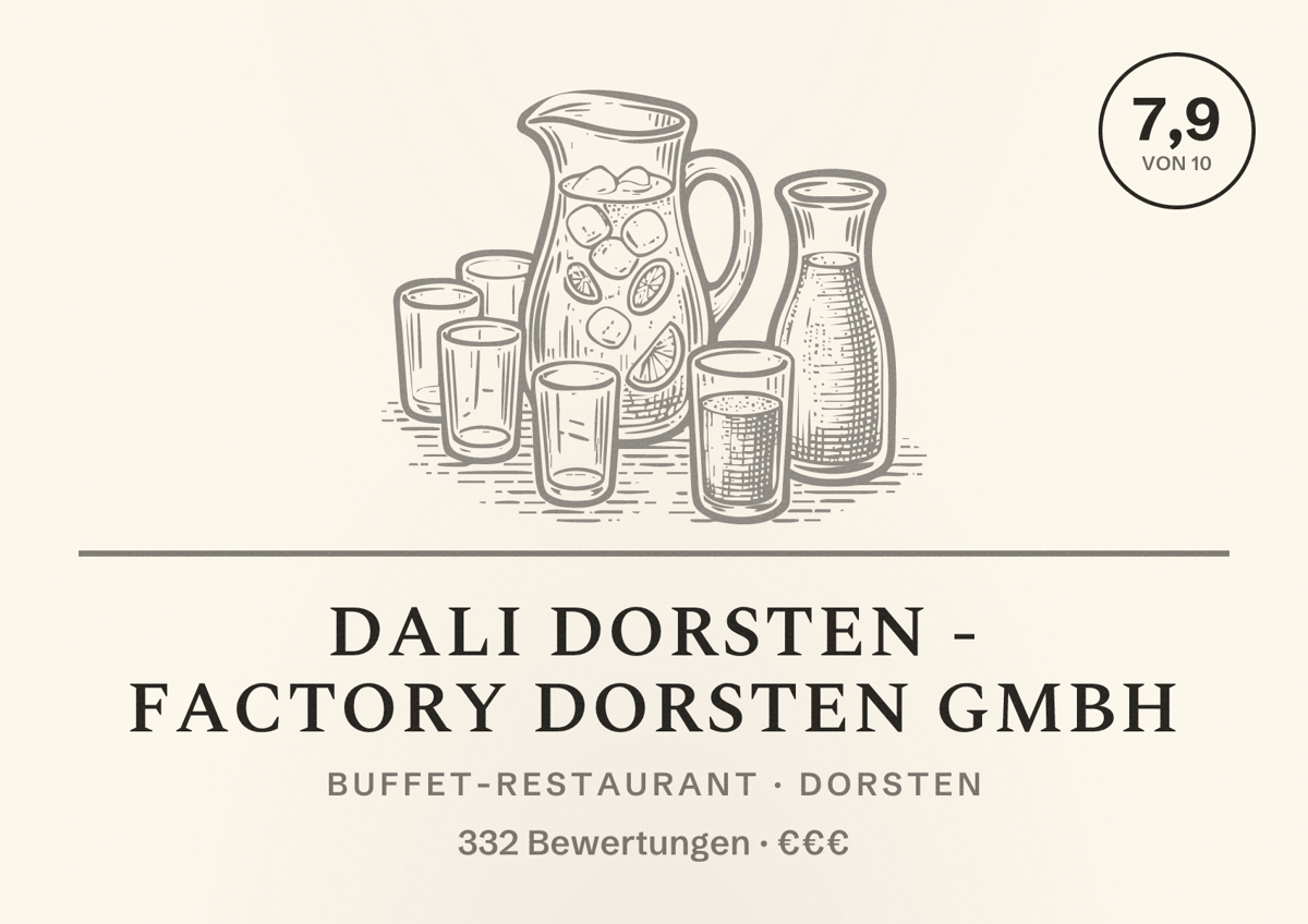 Illustriertes Poster von DALI Dorsten - Factory Dorsten GmbH, Buffet-Restaurant in Dorsten: Bewertung 7,9 von 10 aus 332 Bewertungen, Preisniveau €€€