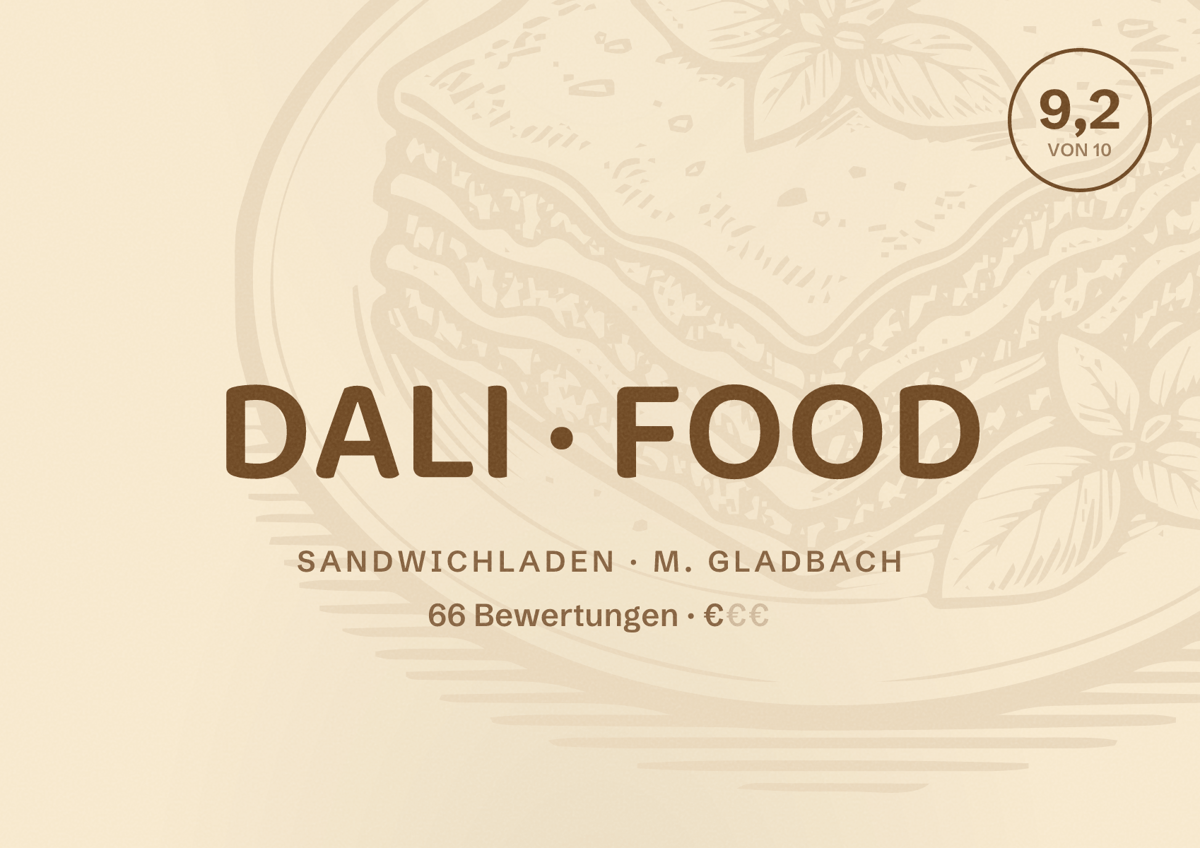 Illustriertes Poster von DALI FOOD, Sandwichladen in M. Gladbach: Bewertung 9,2 von 10 aus 66 Bewertungen, Preisniveau €
