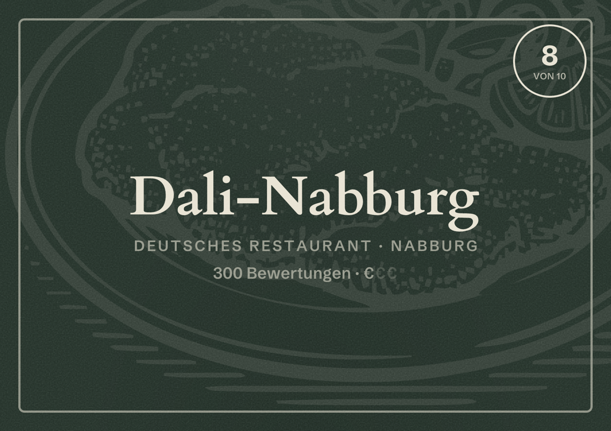 Illustriertes Poster von Dali-Nabburg, Deutsches Restaurant in Nabburg: Bewertung 8 von 10 aus 300 Bewertungen, Preisniveau €