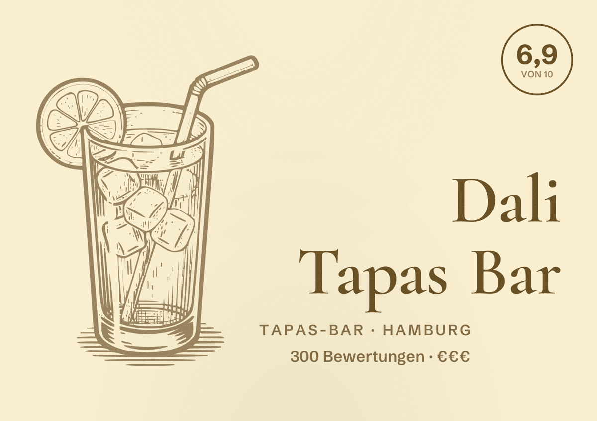 Illustriertes Poster von Dali Tapas Bar, Tapas-Bar in Hamburg: Bewertung 6,9 von 10 aus 300 Bewertungen, Preisniveau €€€