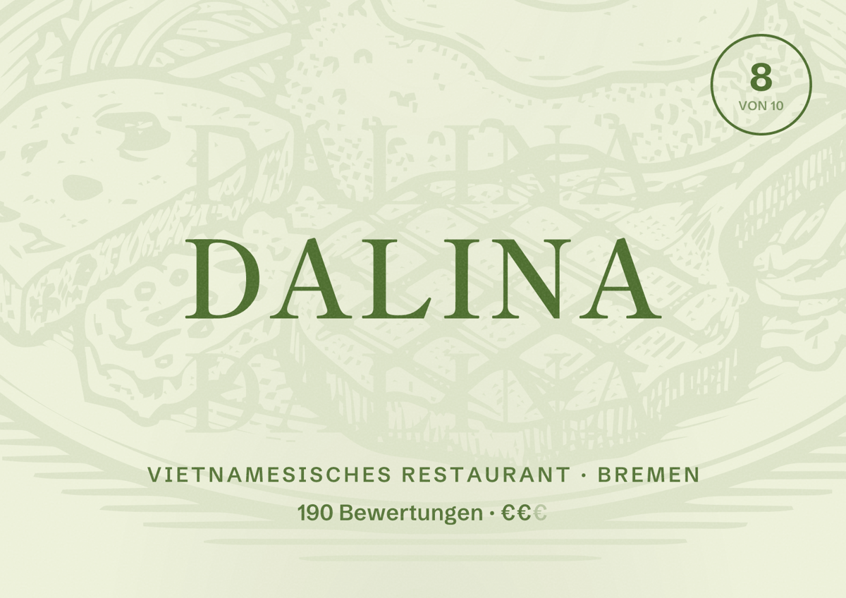 Illustriertes Poster von Dalina, Vietnamesisches Restaurant in Bremen: Bewertung 8 von 10 aus 190 Bewertungen, Preisniveau €€
