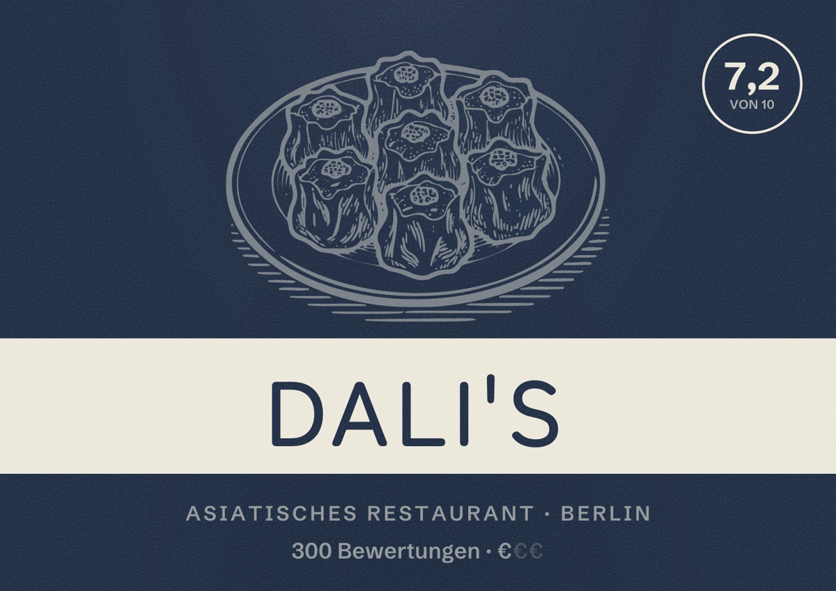 Illustriertes Poster von DaLi's, Asiatisches Restaurant in Berlin: Bewertung 7,2 von 10 aus 300 Bewertungen, Preisniveau €