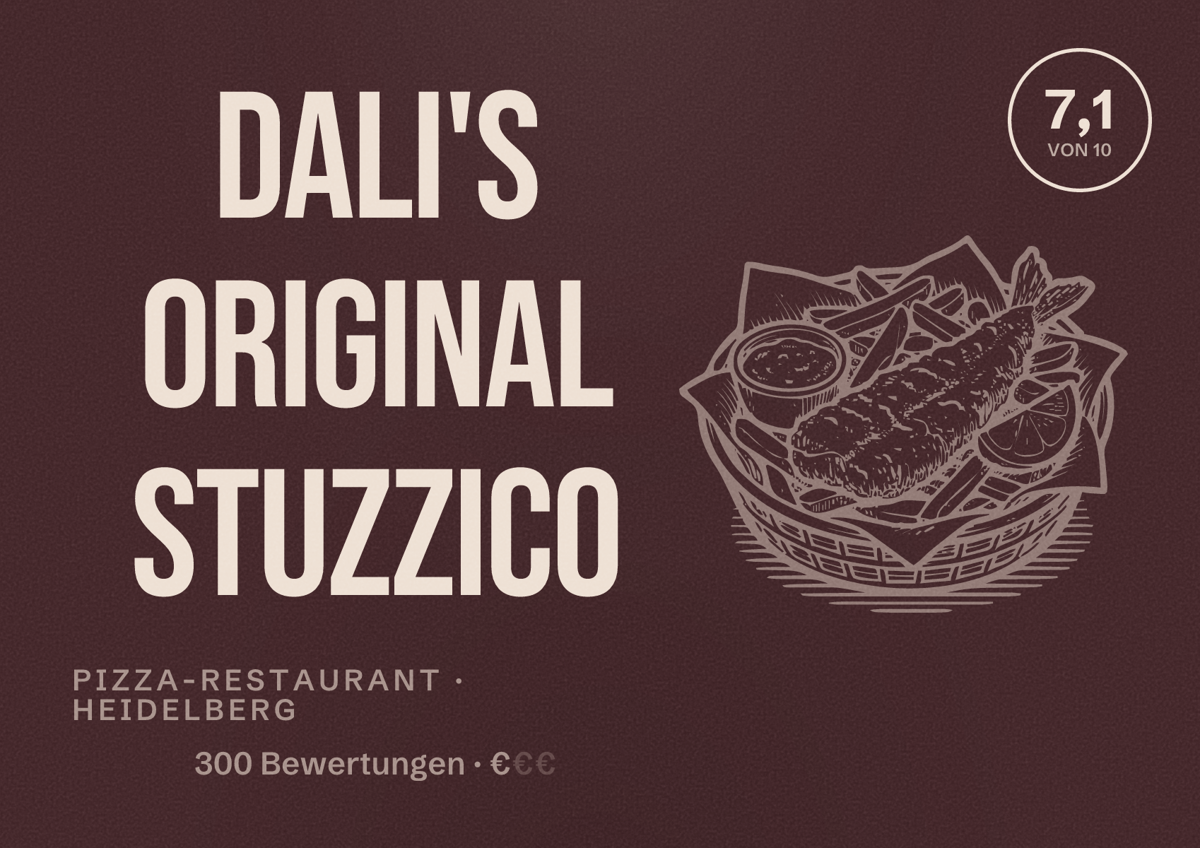 Illustriertes Poster von Dali's Original Stuzzico, Pizza-Restaurant in Heidelberg: Bewertung 7,1 von 10 aus 300 Bewertungen, Preisniveau €