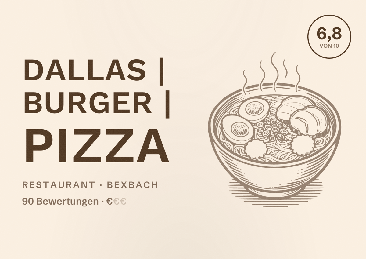 Illustriertes Poster von Dallas | Burger | Pizza, Restaurant in Bexbach: Bewertung 6,8 von 10 aus 90 Bewertungen, Preisniveau €