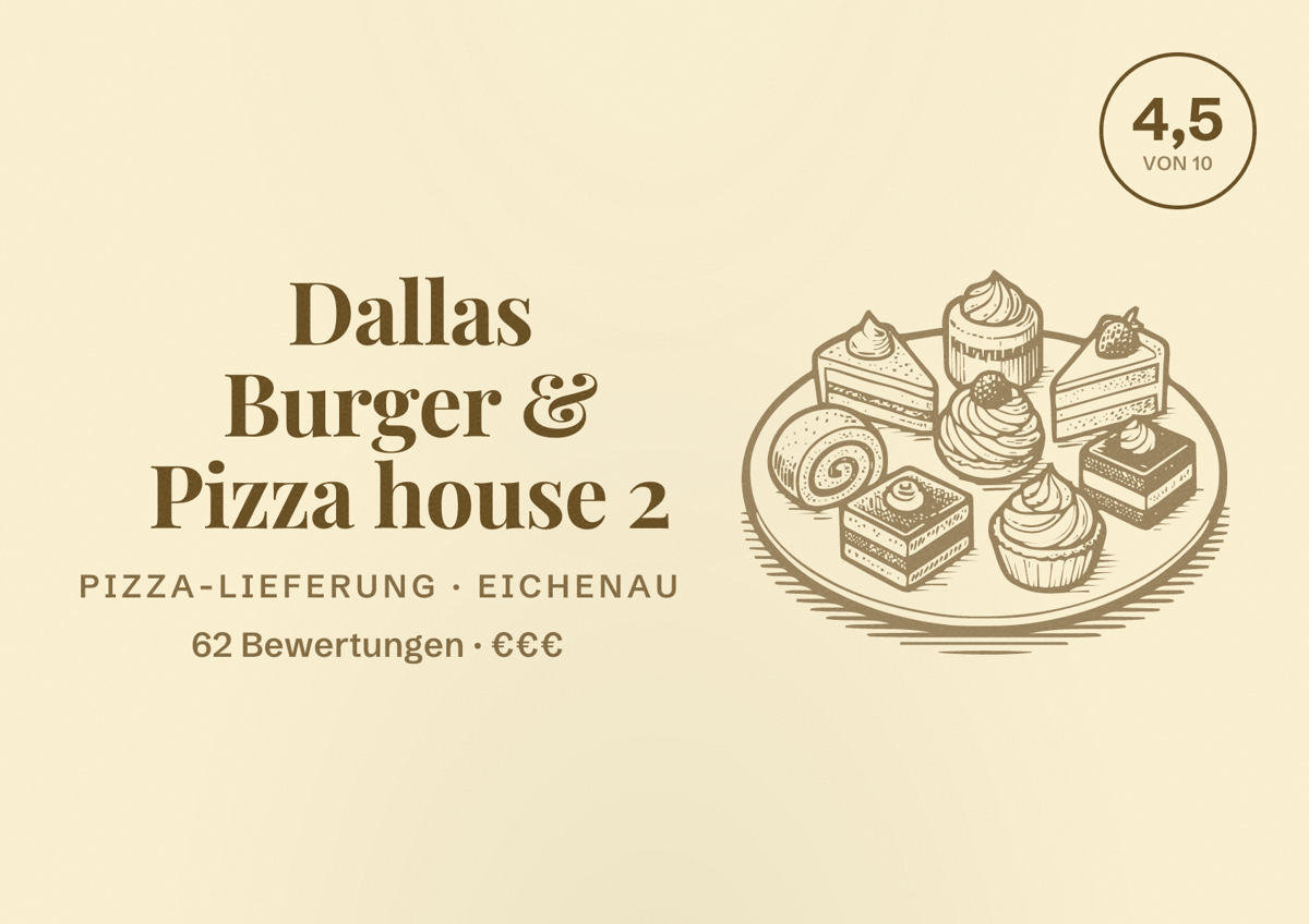 Illustriertes Poster von Dallas Burger & Pizza house 2, Pizza-Lieferung in Eichenau: Bewertung 4,5 von 10 aus 62 Bewertungen, Preisniveau €€€