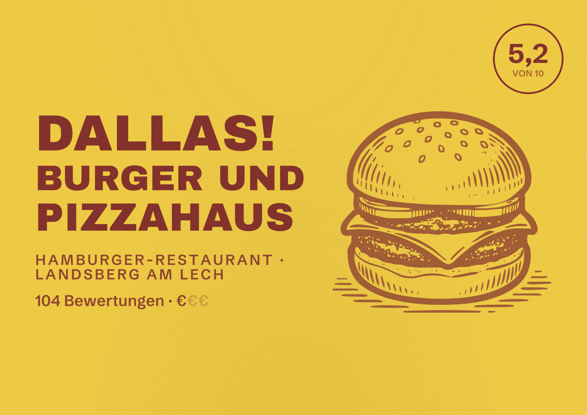 Illustriertes Poster von Dallas! Burger und Pizzahaus, Hamburger-Restaurant in Landsberg am Lech: Bewertung 5,2 von 10 aus 104 Bewertungen, Preisniveau €
