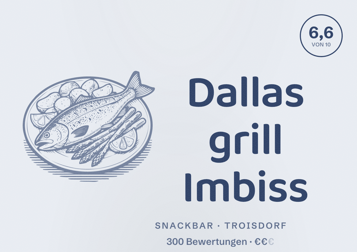Illustriertes Poster von Dallas grill Imbiss, Snackbar in Troisdorf: Bewertung 6,6 von 10 aus 300 Bewertungen, Preisniveau €€
