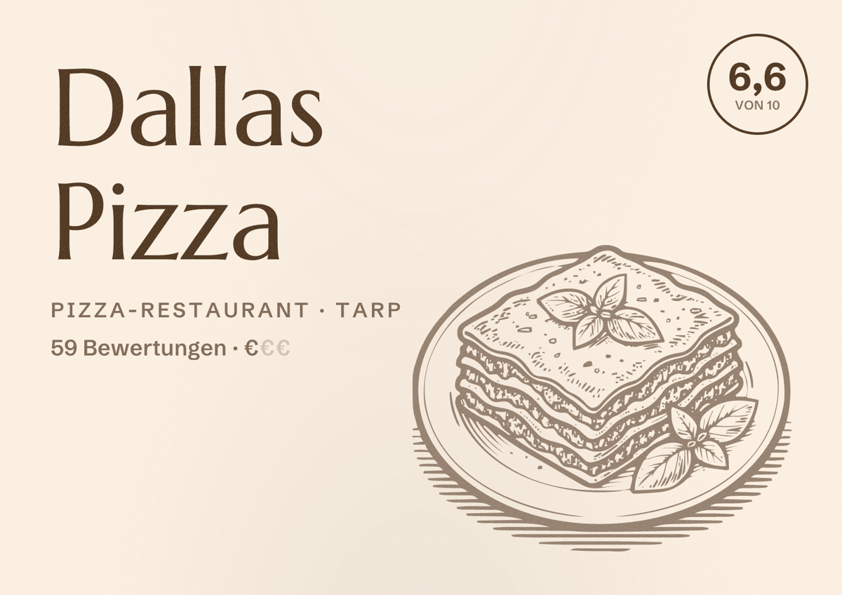 Illustriertes Poster von Dallas Pizza, Pizza-Restaurant in Tarp: Bewertung 6,6 von 10 aus 59 Bewertungen, Preisniveau €