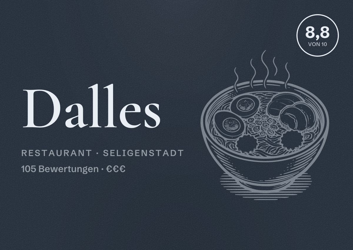 Illustriertes Poster von Dalles, Restaurant in Seligenstadt: Bewertung 8,8 von 10 aus 105 Bewertungen, Preisniveau €€€