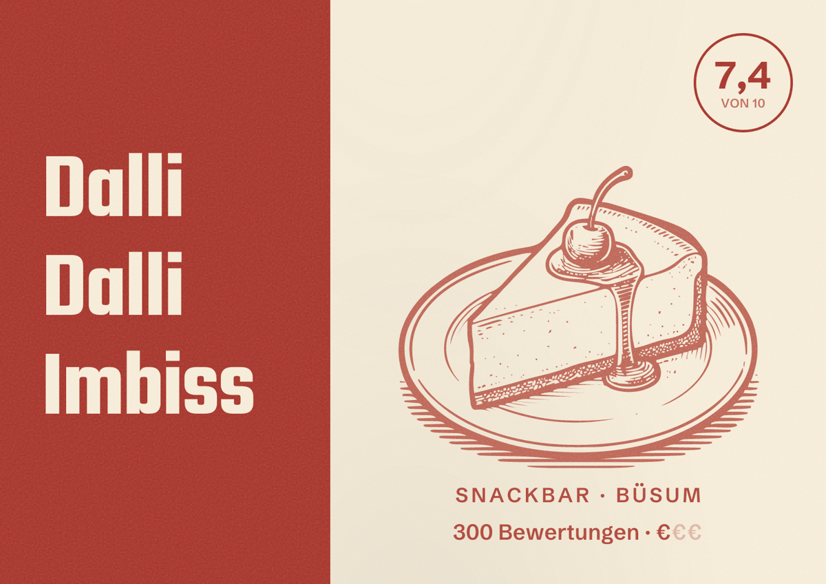 Illustriertes Poster von Dalli Dalli Imbiss, Snackbar in Büsum: Bewertung 7,4 von 10 aus 300 Bewertungen, Preisniveau €