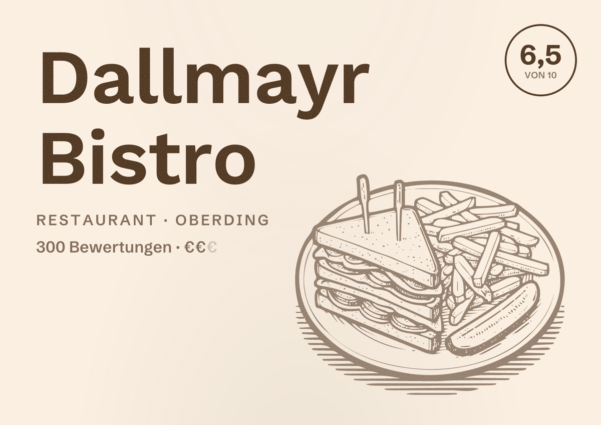 Illustriertes Poster von Dallmayr Bistro, Restaurant in Oberding: Bewertung 6,5 von 10 aus 300 Bewertungen, Preisniveau €€