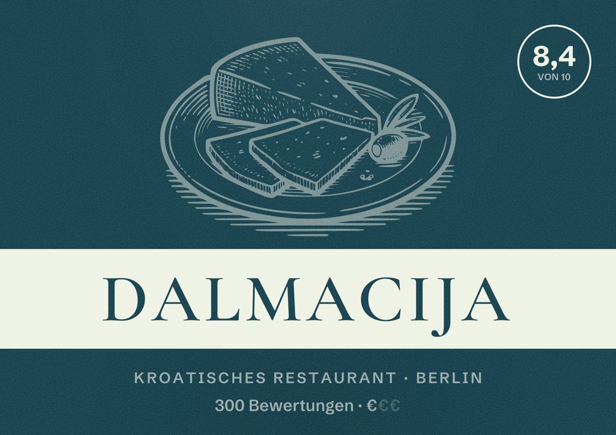Illustriertes Poster von Dalmacija, Kroatisches Restaurant in Berlin: Bewertung 8,4 von 10 aus 300 Bewertungen, Preisniveau €