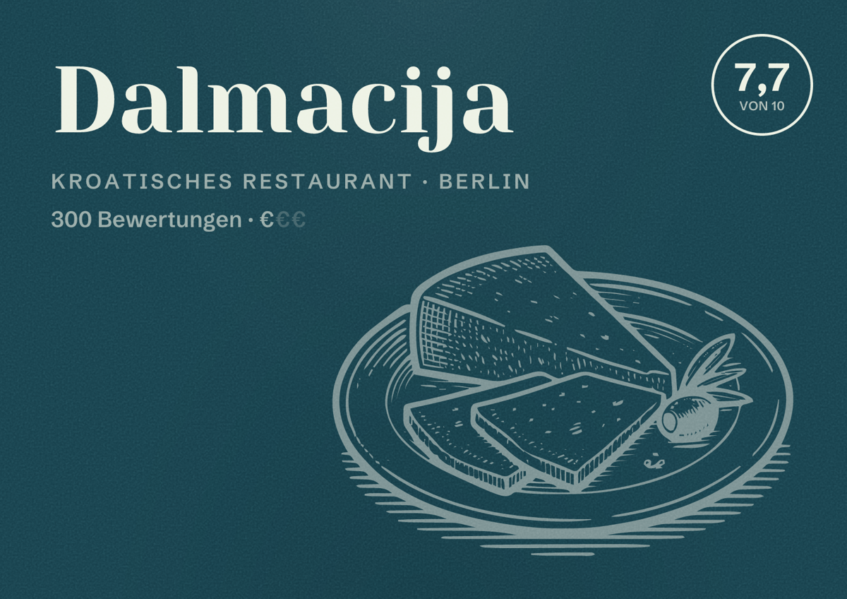 Illustriertes Poster von Dalmacija, Kroatisches Restaurant in Berlin: Bewertung 7,7 von 10 aus 300 Bewertungen, Preisniveau €