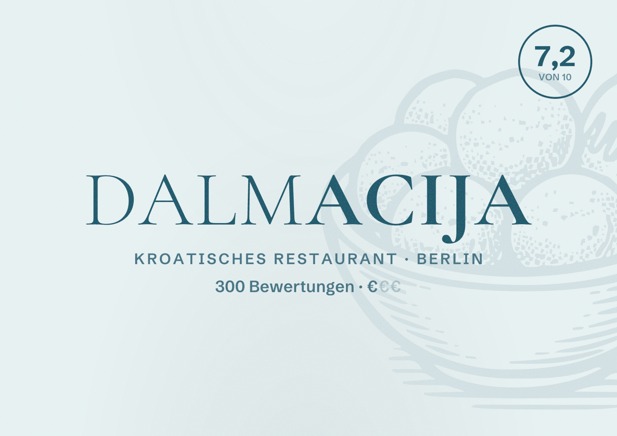 Illustriertes Poster von Dalmacija, Kroatisches Restaurant in Berlin: Bewertung 7,2 von 10 aus 300 Bewertungen, Preisniveau €